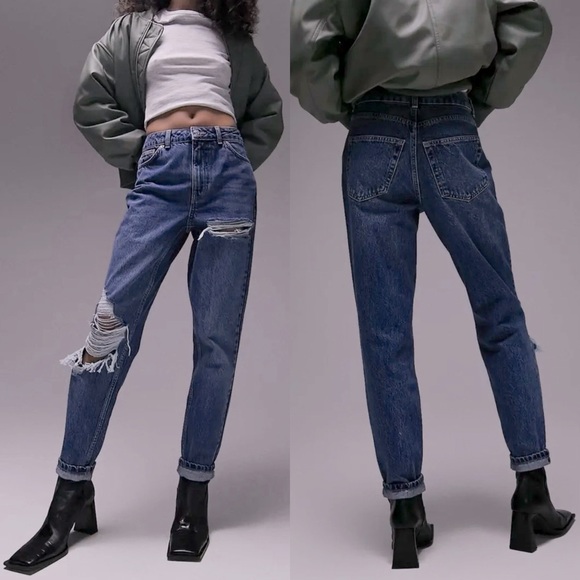 Topshop Super Rip Mom High Waist Skinny Jeans Blue Size 28 NEW